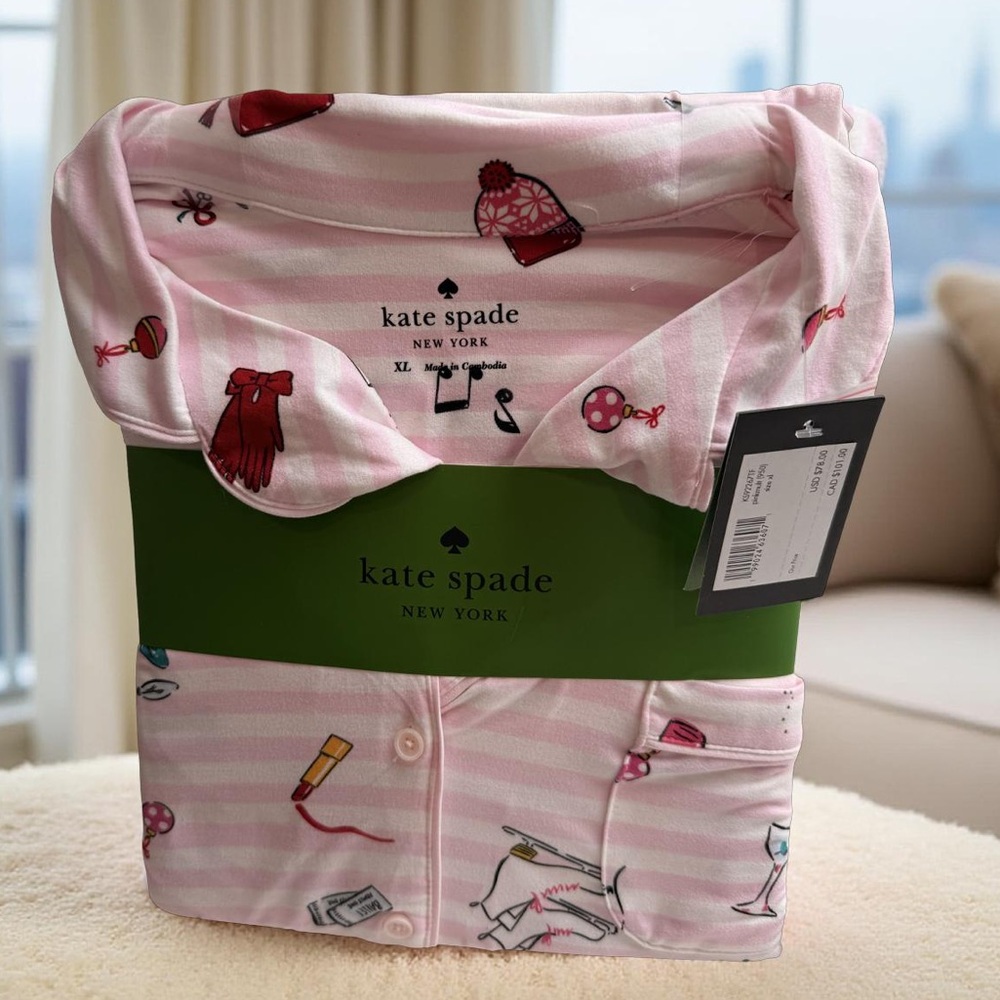 Kate Spade NWT Sz XL Striped Pink Whimsical Long Sleeve Pajama Set (0735)